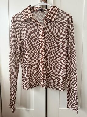 SHEIN Brown & Cream Optical-Check Long Sleeve Button-Down Shirt